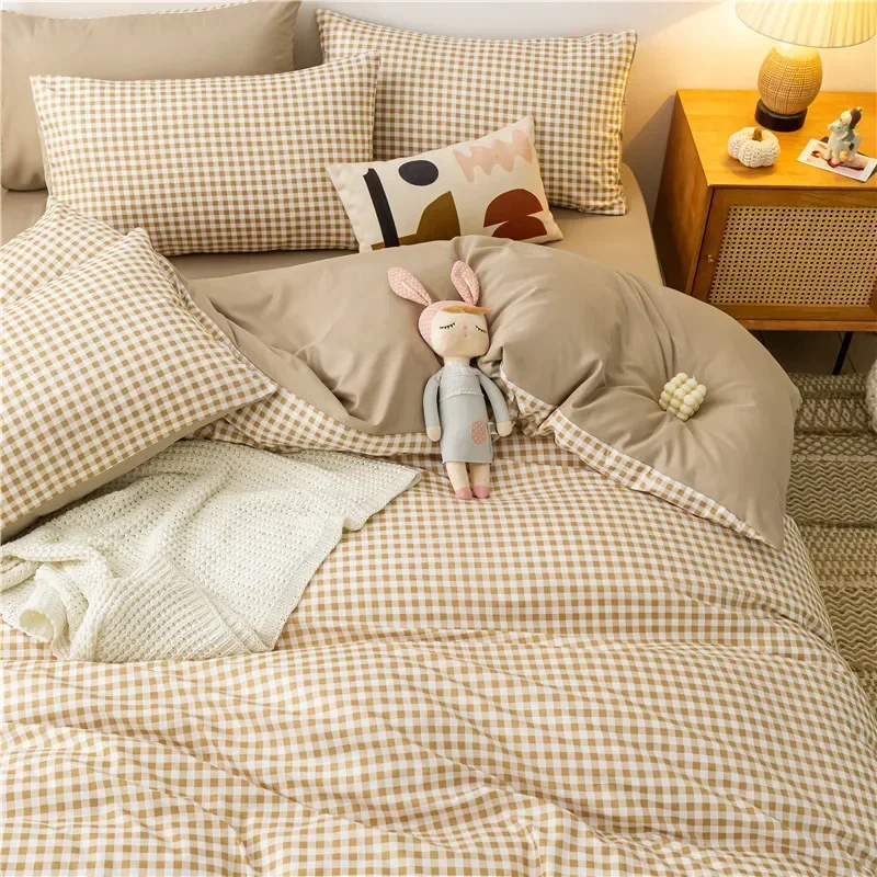 Black White Small Checks Printed Bed Set Floral Duvet Cover Pillowcase Bedding Set Bed Sheet Quilt Cover Single Queen King Size 5