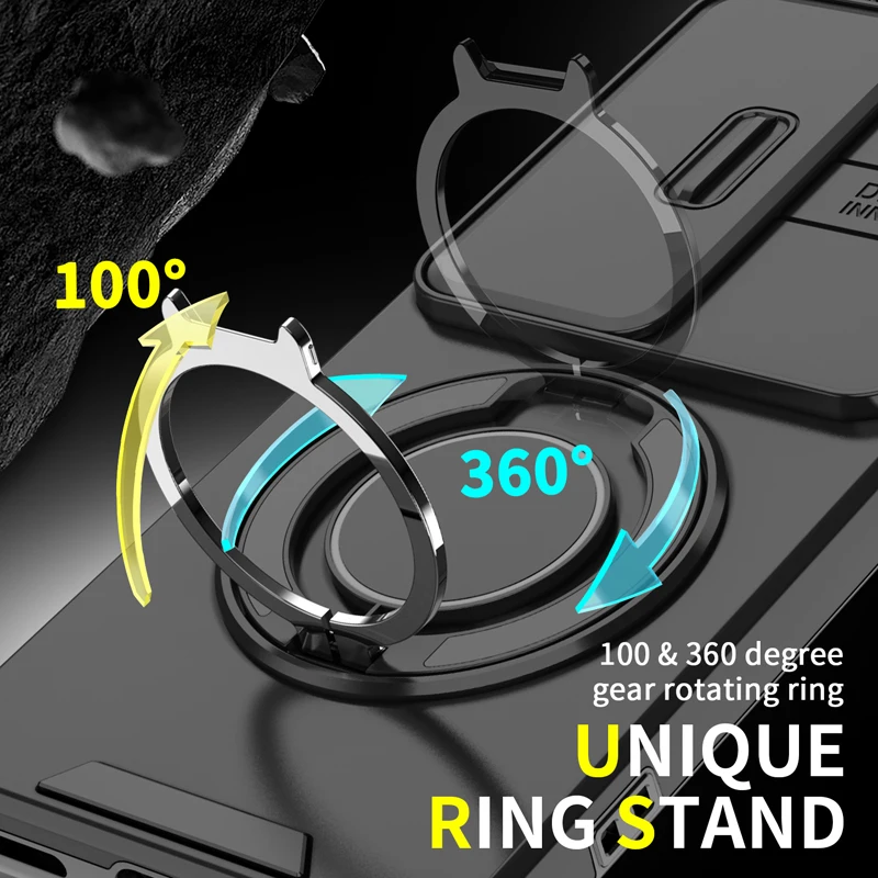ELVEV Magnetic Shockproof Phone Case with Rotating Ring Bracket - Hard PC + Soft TPU