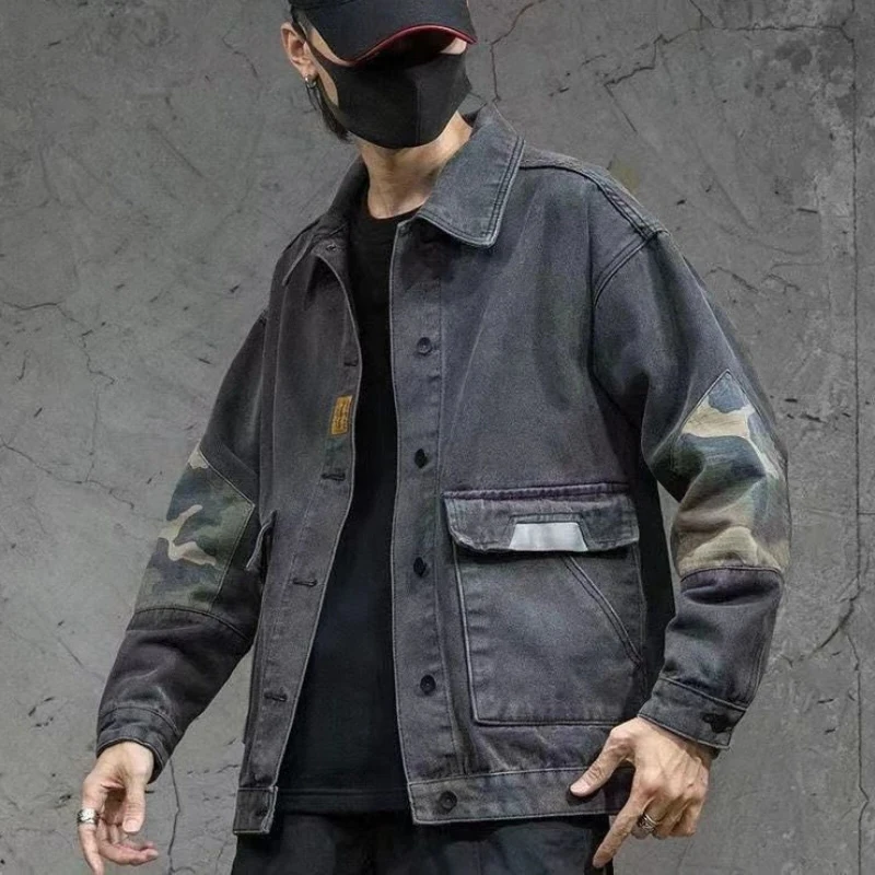 

Male Jean Coats Camouflage Men's Denim Jacket Button Spliced Cargo Free Shipping Washed Large Size High Quality Designer Branded