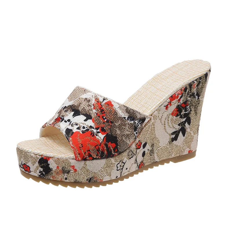 Fashion Slippers Women Platform Vintage Floral Print Peep Toe Wedge Women's High Heels Floral Print Ladies Slippers Summer Shoes