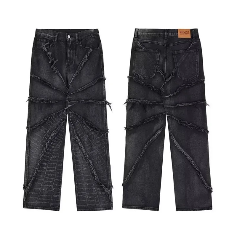 HOUZHOU Y2K Punk Black American Street Rock Retro High Waist Oversized Jeans Men Raw Edge Washed Darkwear Wide Leg Trousers Men