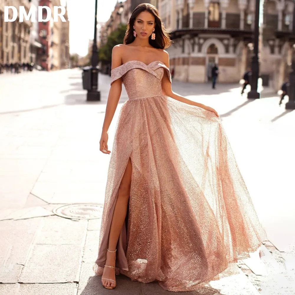 

New Arrival Sweetheart Off Shoulder Slit A-Line Glitter Tulle Prom Dress Evening Gown vestido formatura longo