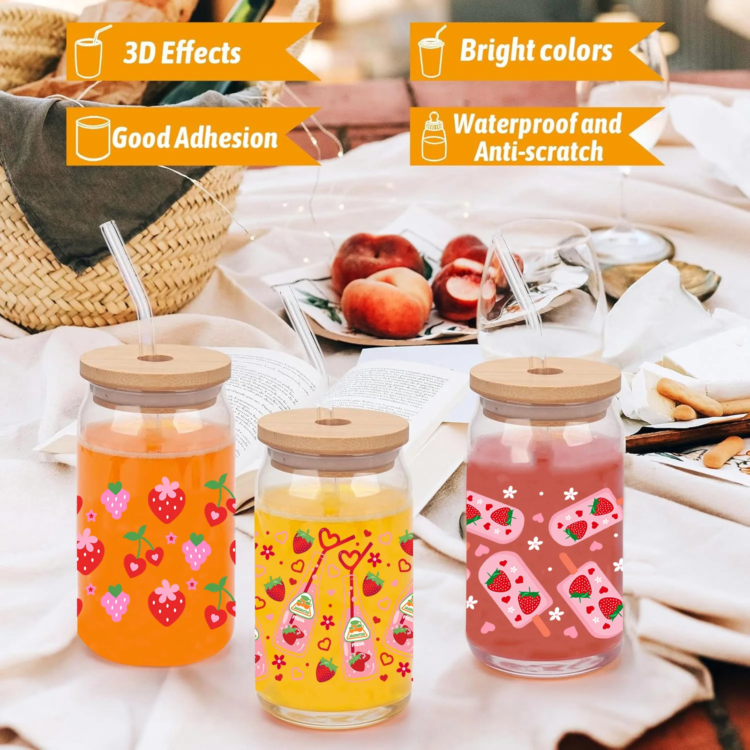 Cute strawberry stickers peel waterproof DIY Decals 3D transfers uvdtf crystal stickers 16oz uv dtf cup wraps Libbey Glasses