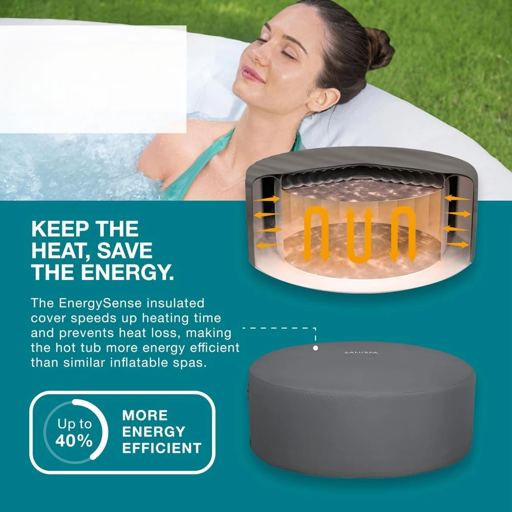 Large Round 2 To 3 Person Inflatable Hot Tub Portable Outdoor Spa with 110 AirJets and EnergySense Cover, Bathtubs 4