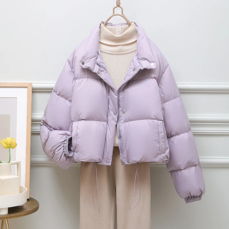 New Winter Draw String Korean Version White Duck Down Jacket Women Short Fashion Half High Collar Loose Down Coat Tide Winter