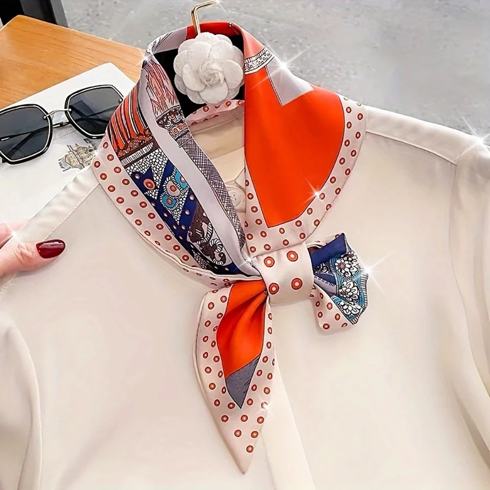 Boho Chic Orange Blumen druck Skinny Halstuch Schal für Frauen Satin Seide Bänder Bandana Krawatte Handgelenk Wickel Schal Echarpe – Detail 1