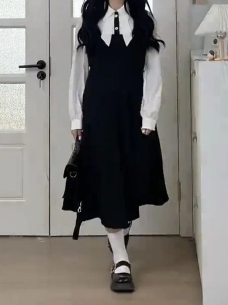 

QWEEK School Black Dress Women Preppy Style Sweet Student Kawaii Midi Dresses Korean Fashion Kpop Long Sleeve Robes 2022 Autumn