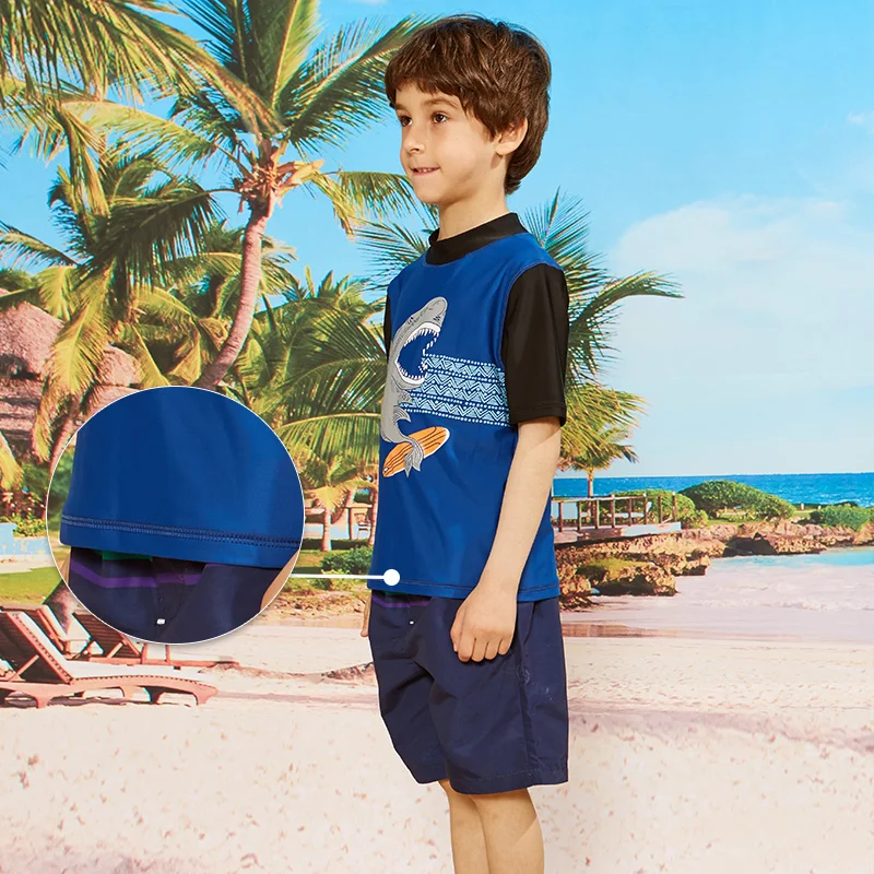 Summer Boys Short Sleeve Rashguard Kids Swim Suit UPF 50+ Sun Protection Shirts Boys Swimwear Navy Rash Guard Beach Wear