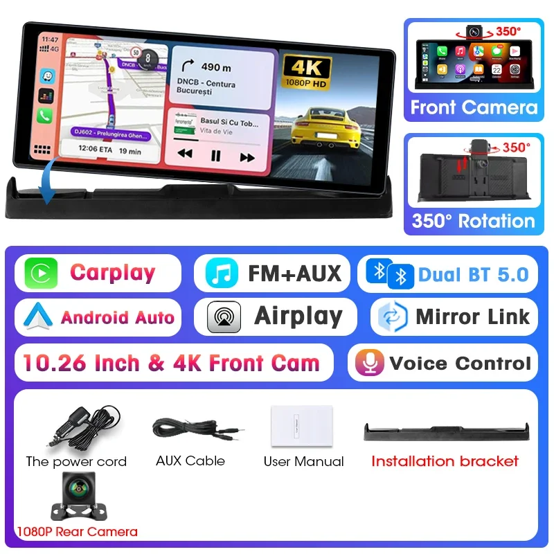 Ecran CarPlay Android Auto 10,26 Pouces 4K Rotatif 350° + Caméra Recul 1080P - GPS DVR Sans Fil