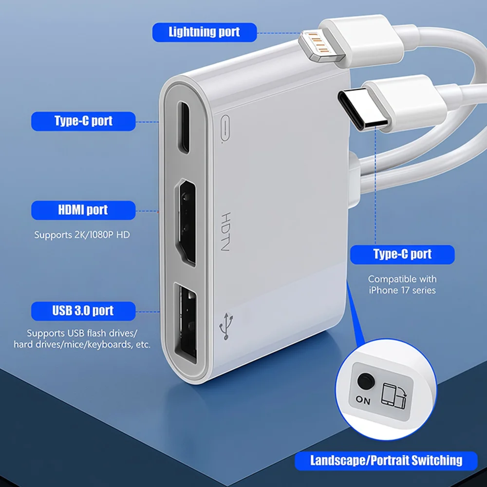Multi-Purpose Lightning/USB-C to HDMI & USB 3.0 Adapter with Charging Port and HD Sync