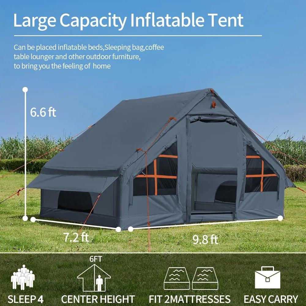 inflatable tent with pump,4-6 person instant glamping camping tents house, easy setup blow up family tents for 4 seasons 6