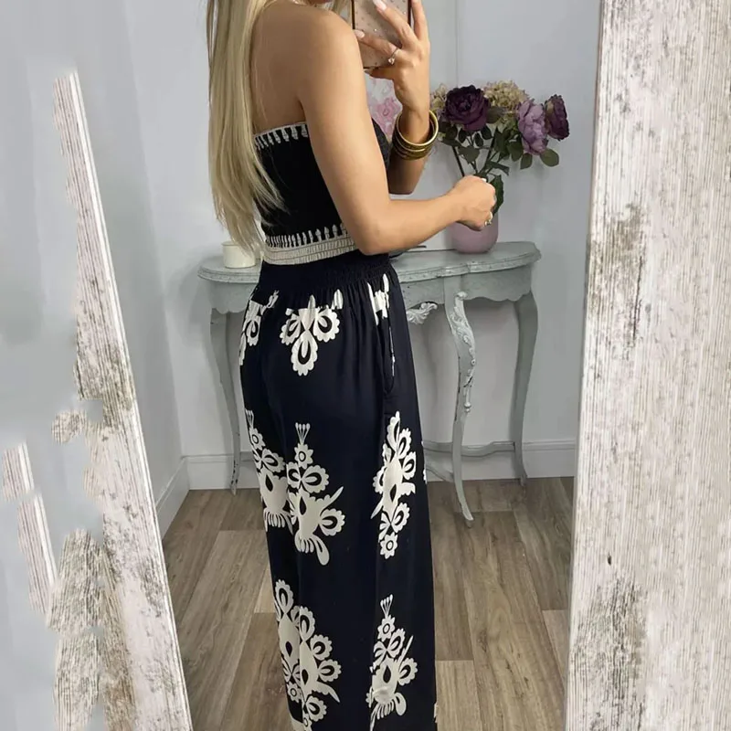 LIYONG Women Jumpsuit Fashion Sexy Print Sleeveless Nipped Waist Loose With Pockets Wide Legs Pants Romper High Streetwear
