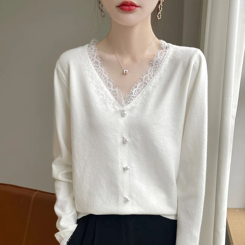2024 Autumn And Winter New Cashmere sweater Women Pullover Lace edged Knitted Long Sleeve Soft Cashmere sweater Women 6