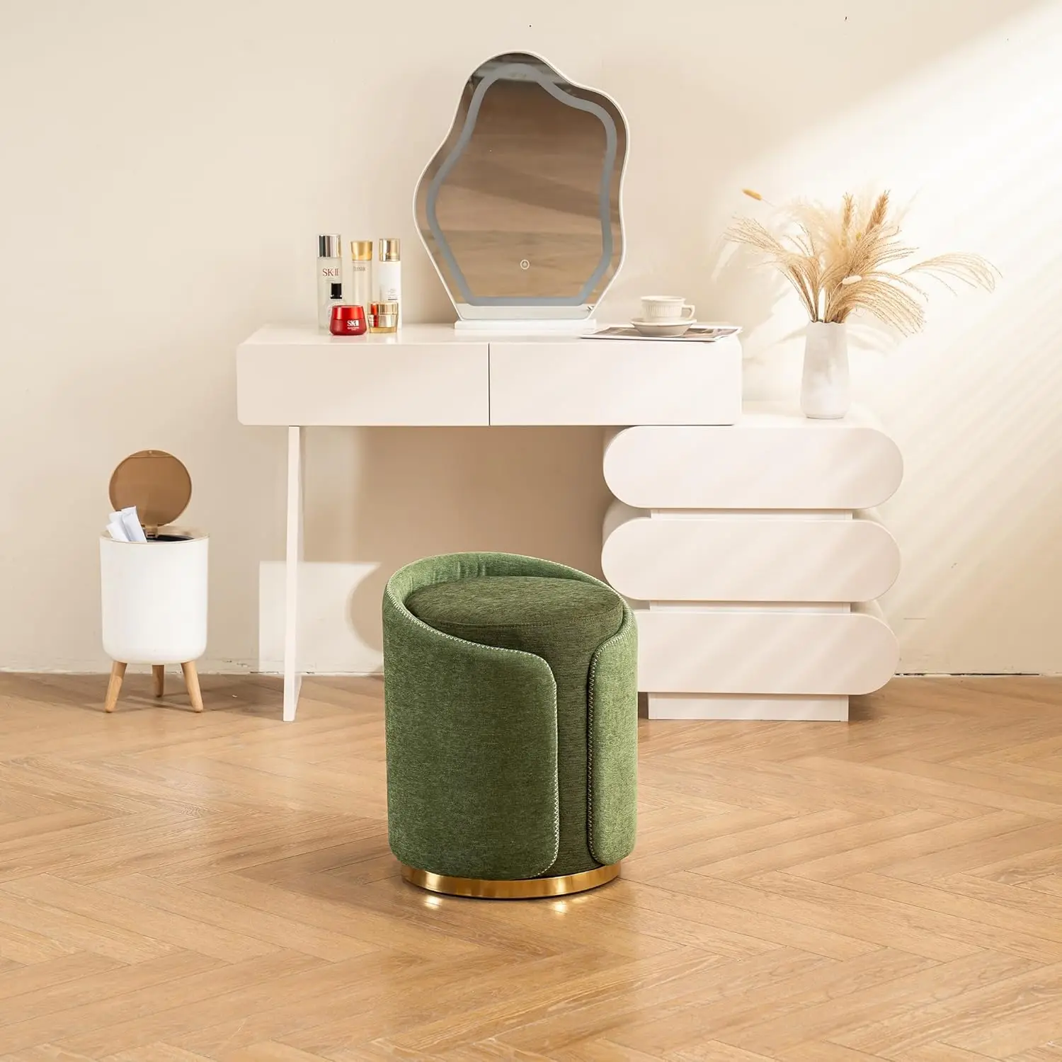 Swivel Vanity Stool with Gold Base Comfy Vanity Chair Modern Round Stool for Makeup Vanity Ottoman Foot Rest
