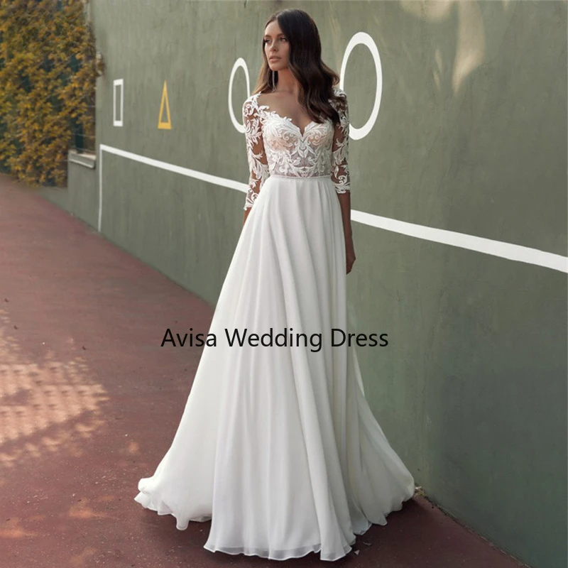

Boho 2024 Lace Wedding Dresses Women Chiffon Appliques Bridal Gowns Half Sleeve Beach Vestidos De Novia Casamento Civil