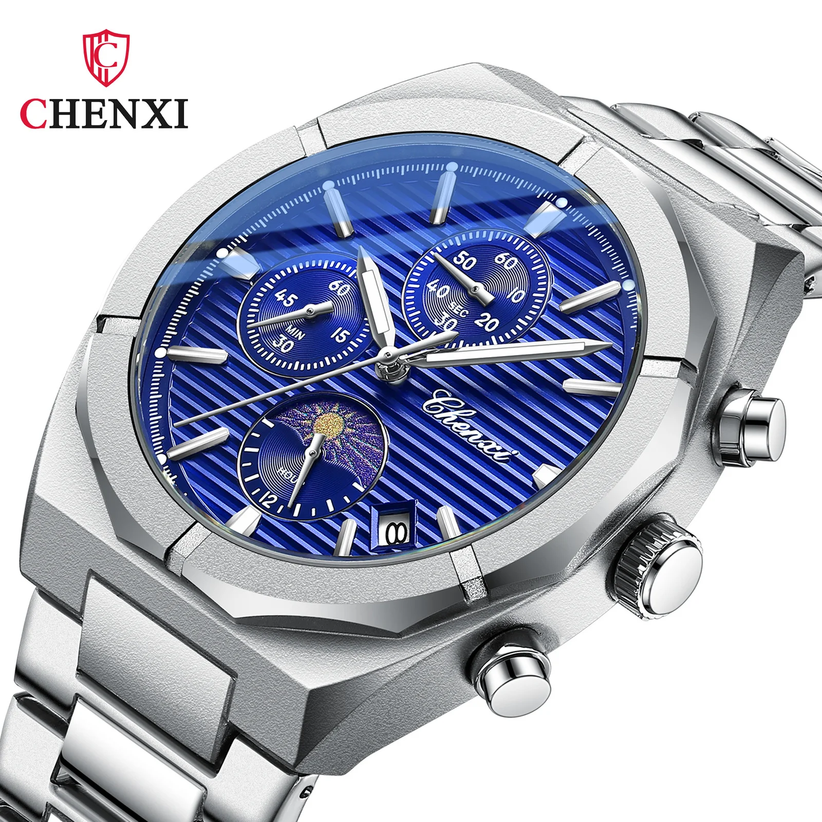 Chenxi 962 Orologio Al Quarzo Da Uomo Morninglight Multifunzionale Fasi Lunari Data Timing Orologio Da Polso Maschile Con Cinturino In Acciaio Nero Im