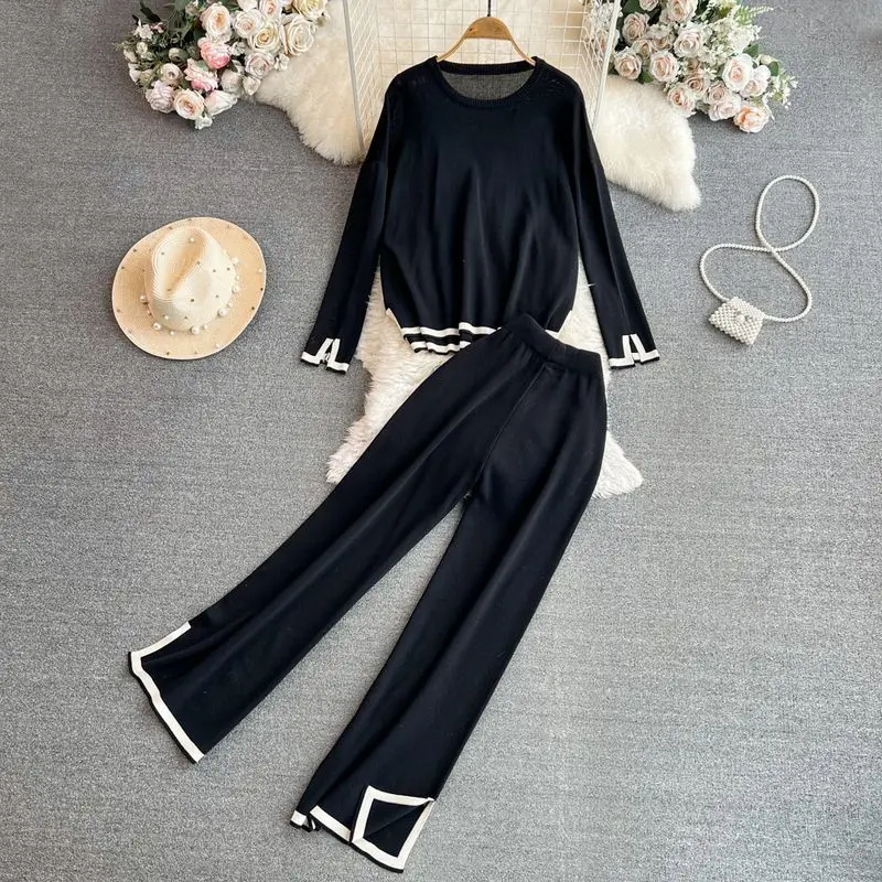 Pajamas for Women Casual Knitted Suits O Neck Long Knit Top+Split Wide Leg Pant Female Fashion OL Sweater Two Pieces Home Suit