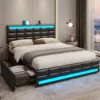 Queen Bed Frame with LED Lights Leather Platform Bed with Storage Drawers and Charging Station, LED Bed Frame Queen Size 1