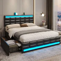 Queen Bed Frame with LED Lights Leather Platform Bed with Storage Drawers and Charging Station, LED Bed Frame Queen Size 1