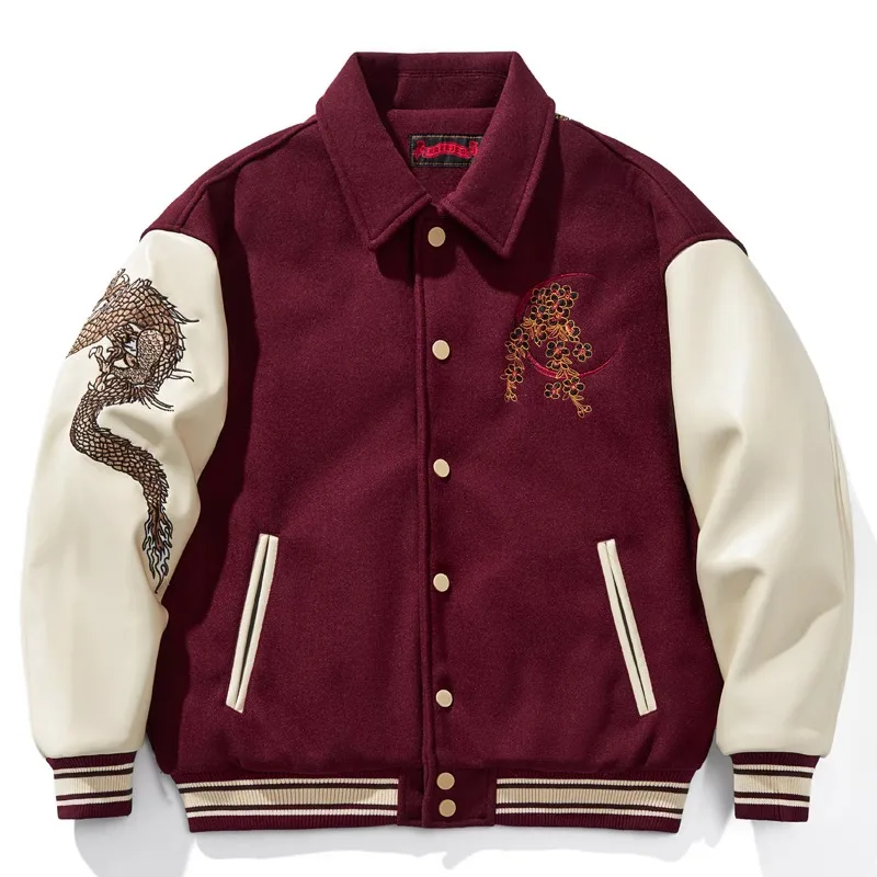 Cartoon Embroidery Heavy Industry Lapel Baseball Uniform Couples Top Woolen Warm Dragon Year Red National Contrast Color Jaqueta