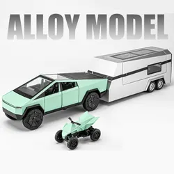 1/32 Tesla Cybertruck  Alloy Car Model Diecast Connecting Trailer RV Sound Light Pull Back Scale Model Car Toy Gifts for Boys