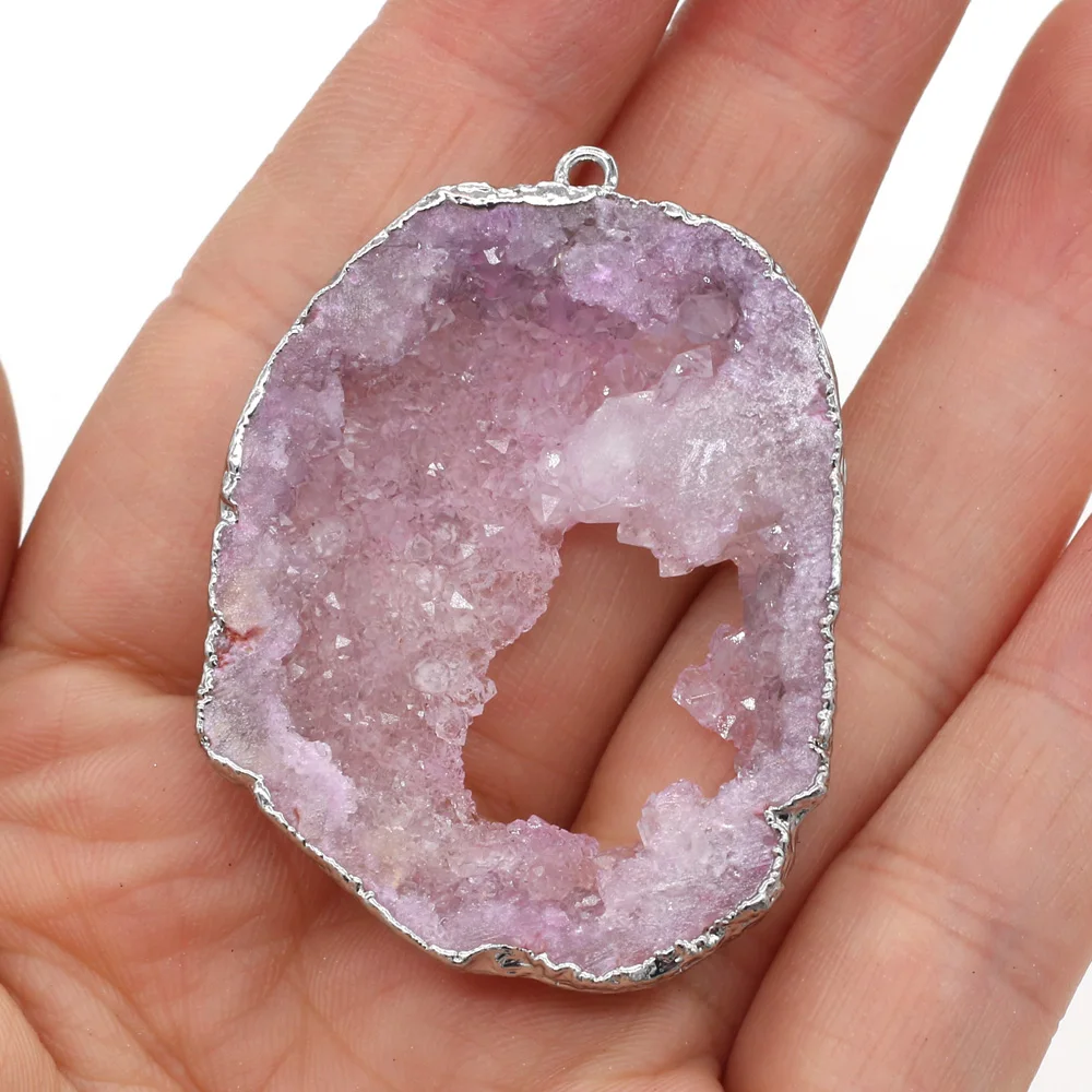 Pink Crystal Bud Natural Stone Pendant Silver Edging Craft For Jewelry
