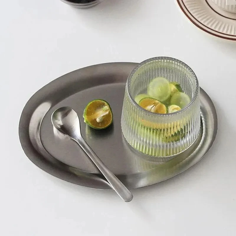 1pc Silvery Stainless Steel Korean Style Barbecue Pan Oval Shaped Square Shaped Multipurpose Dining Plate