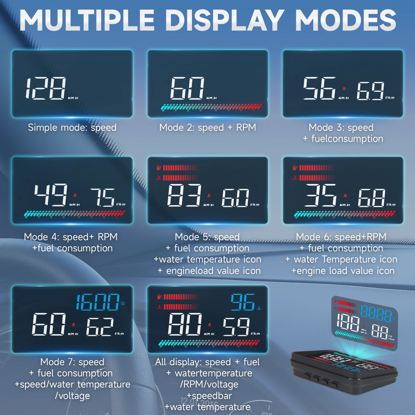 디지털 속도계 RPM 전압 터보 압력 오일 온도 시간 게이지 자동차 헤드업 디스플레이 P16 OBD2 TFT LCD 컬러 스크린