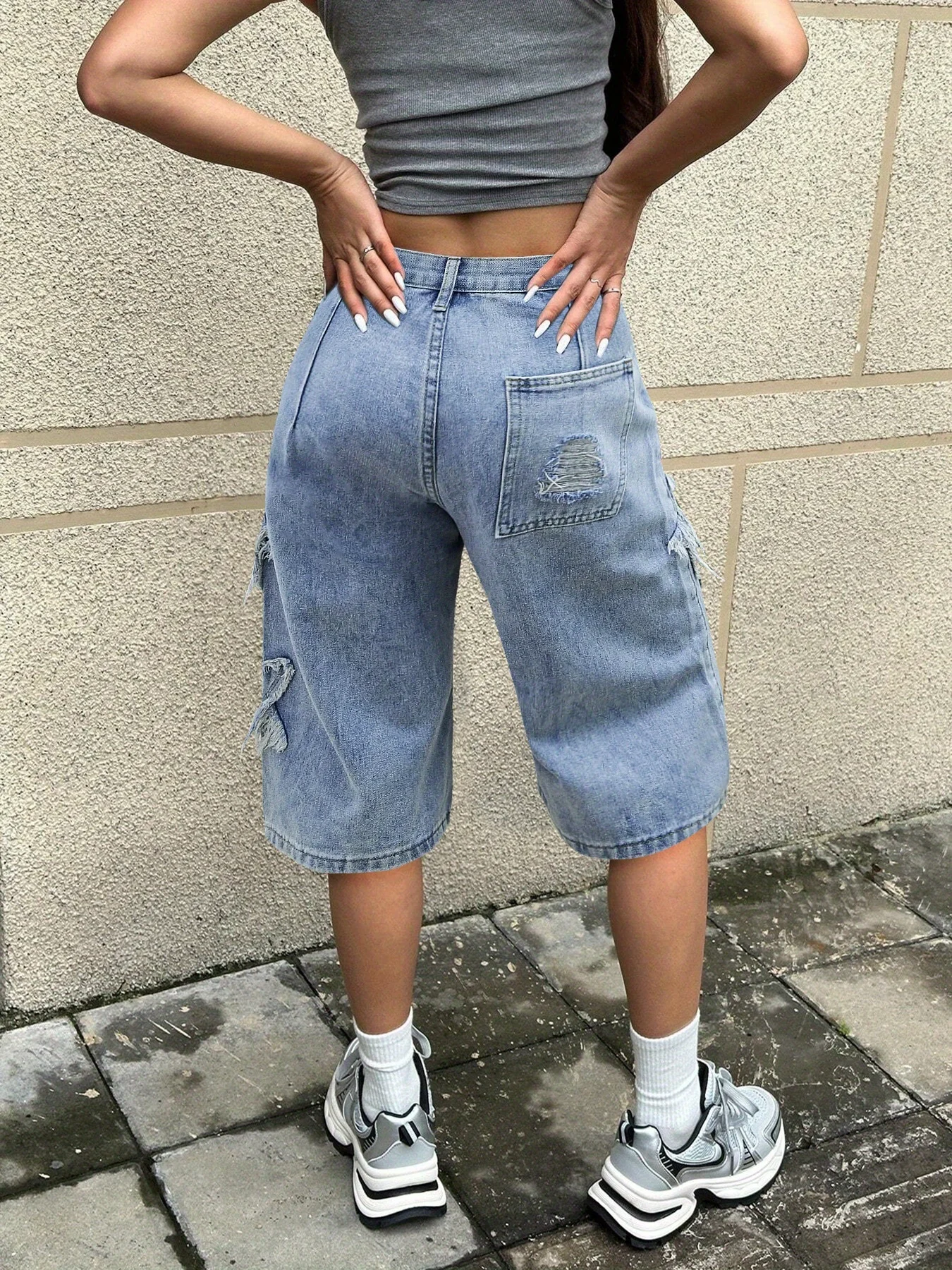 Y2K Star Patchwork Pleated Stitching Bermuda Denim Shorts High Waist Slant Pockets Wide Leg Jorts Suitable For Everyday Summer 2