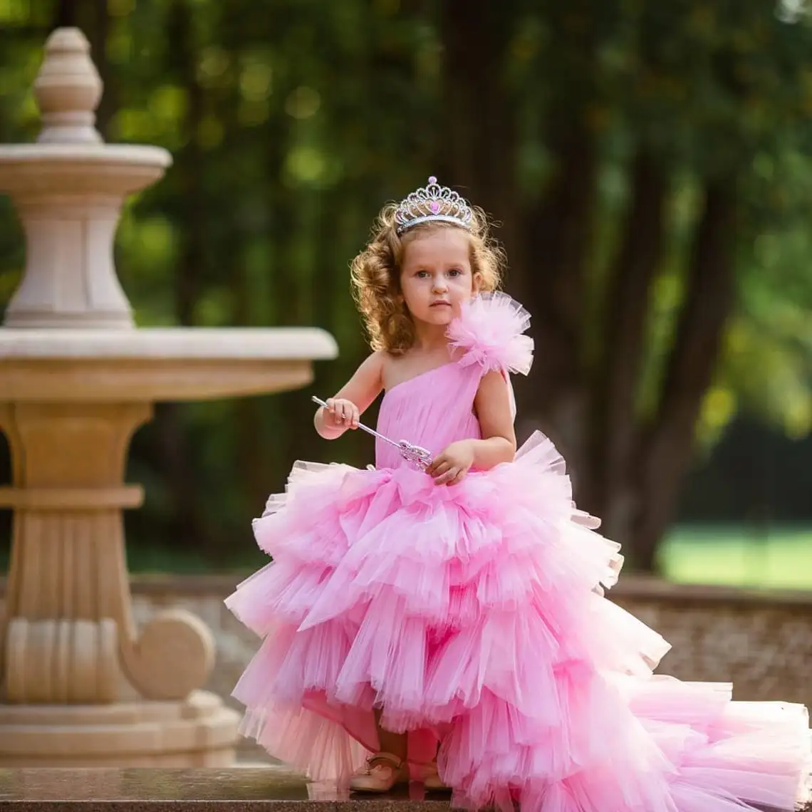 

One Shoulder Flower Girl Dresses Tulle Pleated Pink Little Princess Gowns Baby Girl's Pageant Dress Made to Order