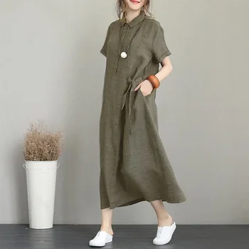 Abito Casual da Donna in Cotone e Lino con Colletto a Polo, Maniche Corte, Tasche, Vestibilità Comoda, Lunghezza al Ginocchio, Nero, Alla Moda