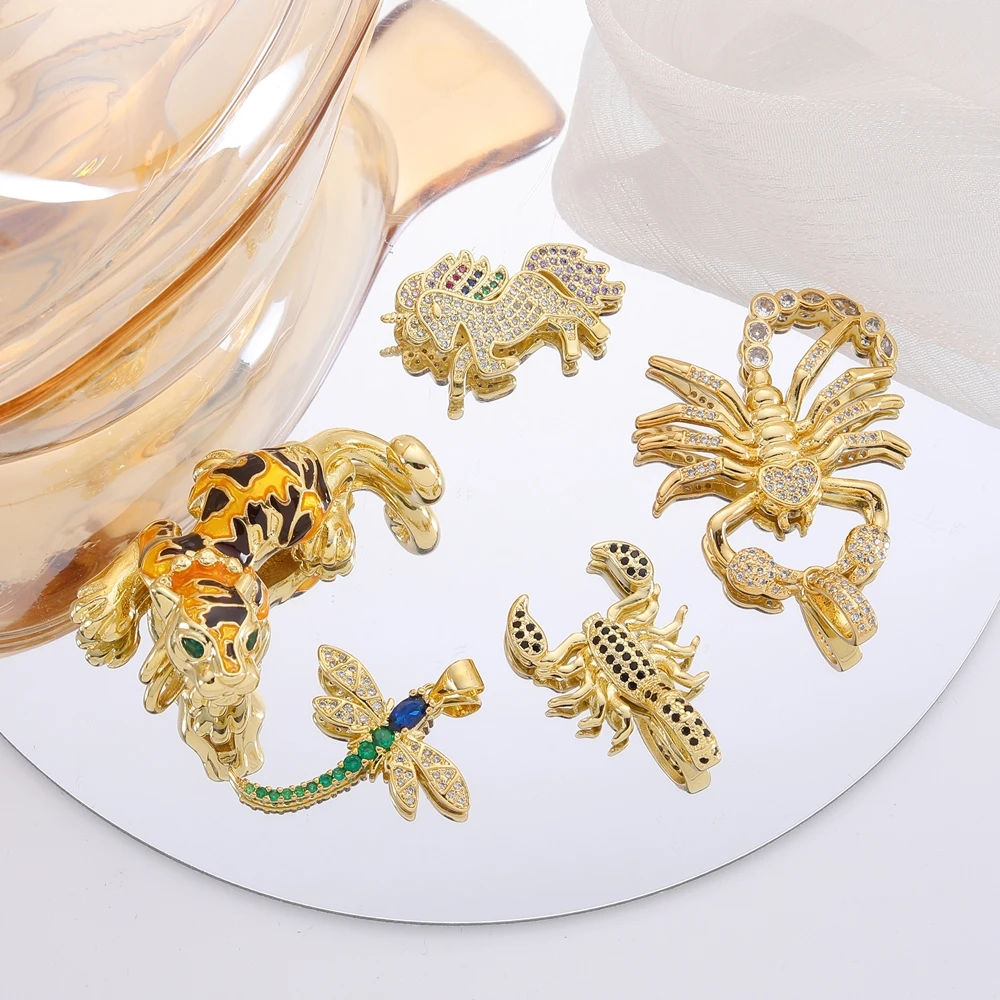 Juya 18K echt vergoldeter Davidstern Libelle Leopardenkopf Skorpion Delphin Liebe Herz Blume Griechischer böser Blick Charms Zubehör – Detail 5