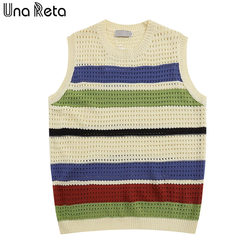 

Una Reta Sleeveless Sweater Men Spring Summer Streetwear Men's Vests O Neck Pullover Knitted Pulls Harajuku Stripe Men's Sweater