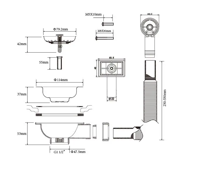 Talea Kitchen Sink Strainer 1&frac12;" (114mm) SUS304 Stainless Steel Plug Waste with Overflow Head with PVC Pipe XK186C059