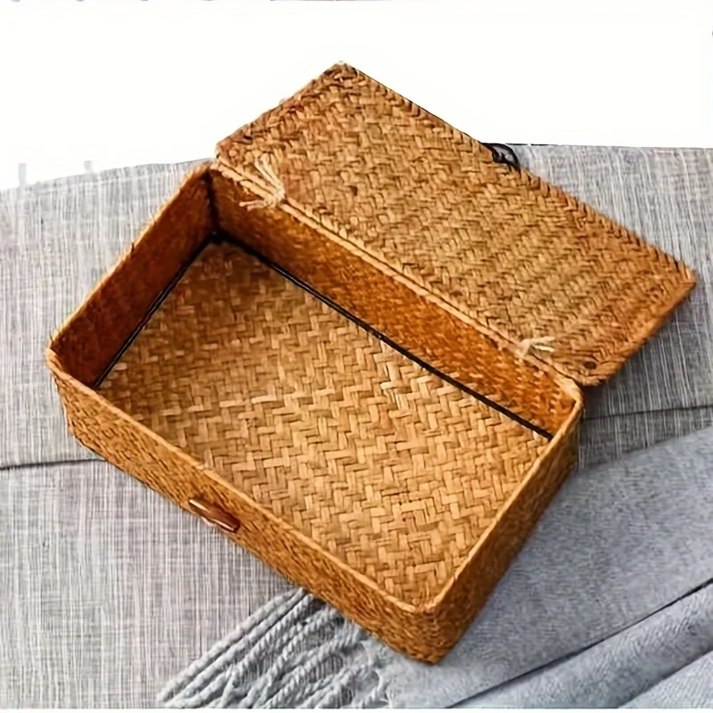 Gewebte Vintage Lagerung Rack Korb Boho Pastoralen Wohnkultur Abgedeckt Lagerung Box Desktop Verschiedenes Lagerung Box Pastoralen Korb – Detail 4