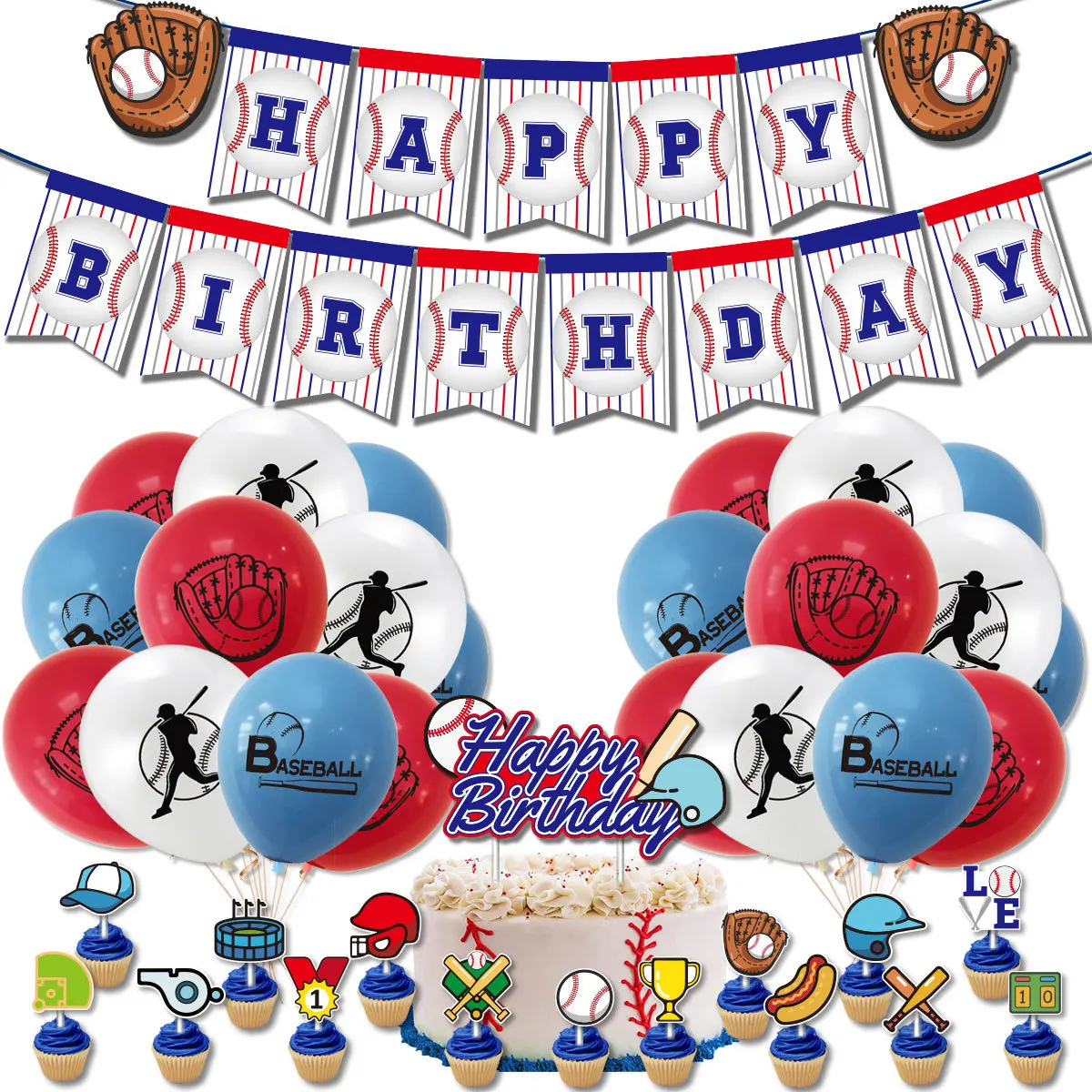 

Baseball Cake Topper Flags Happy Birthday Balloon Sports Cupcake Topper Baby Shower Kids Party Dessert DIY Baking Supplies Decor