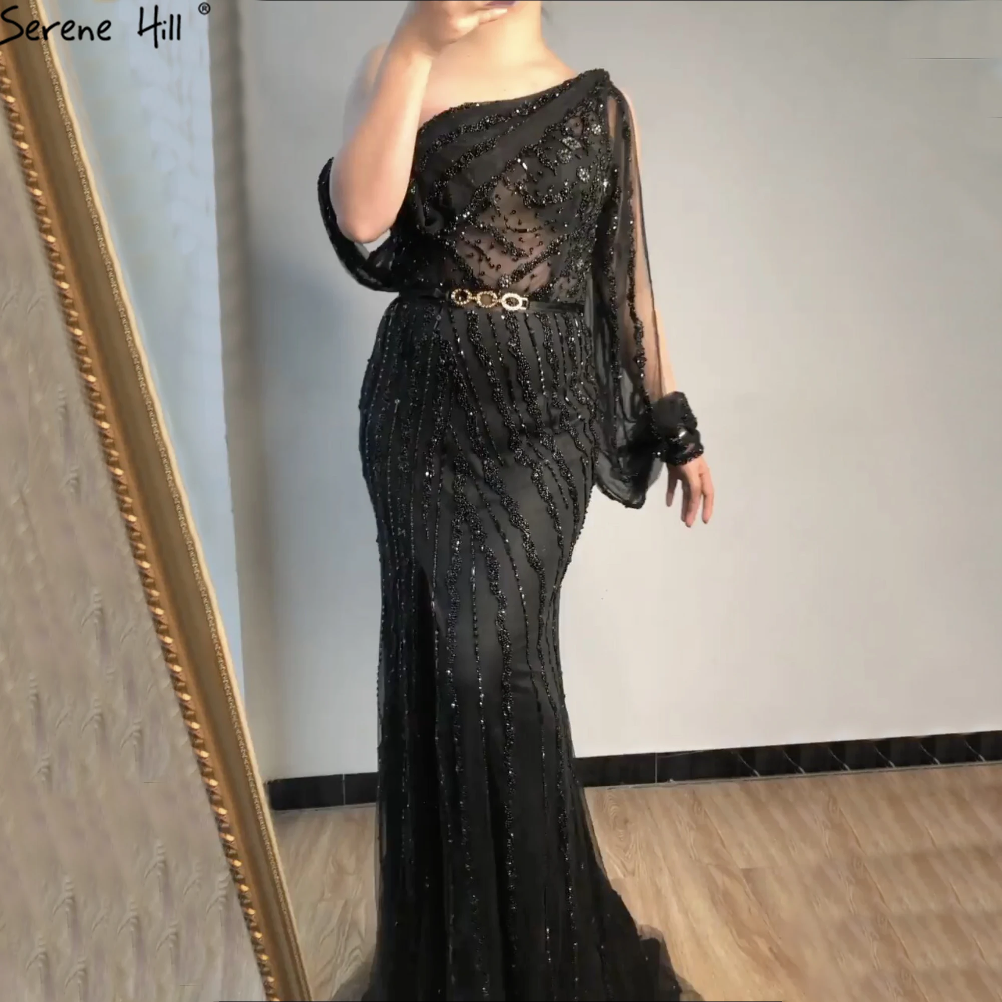 Blue Dubai One Shouder Sexy Rhinestones Prom Dresses Luxury Beading Crystal Sparkle Gowns Serene Hill BLA70258