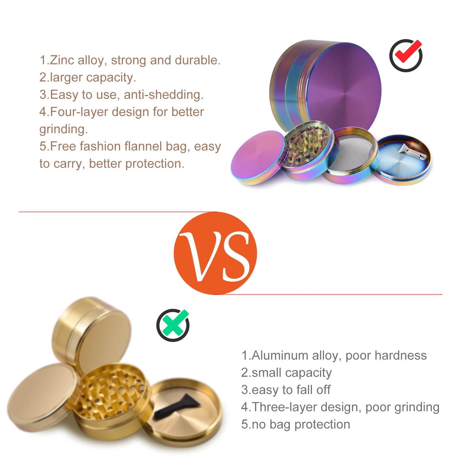 4 Layer Kitchen Spice Herb Grinder Portable Rainbow Aluminum Alloy Grinder With Storage Bag 3.0 Inch Colorful