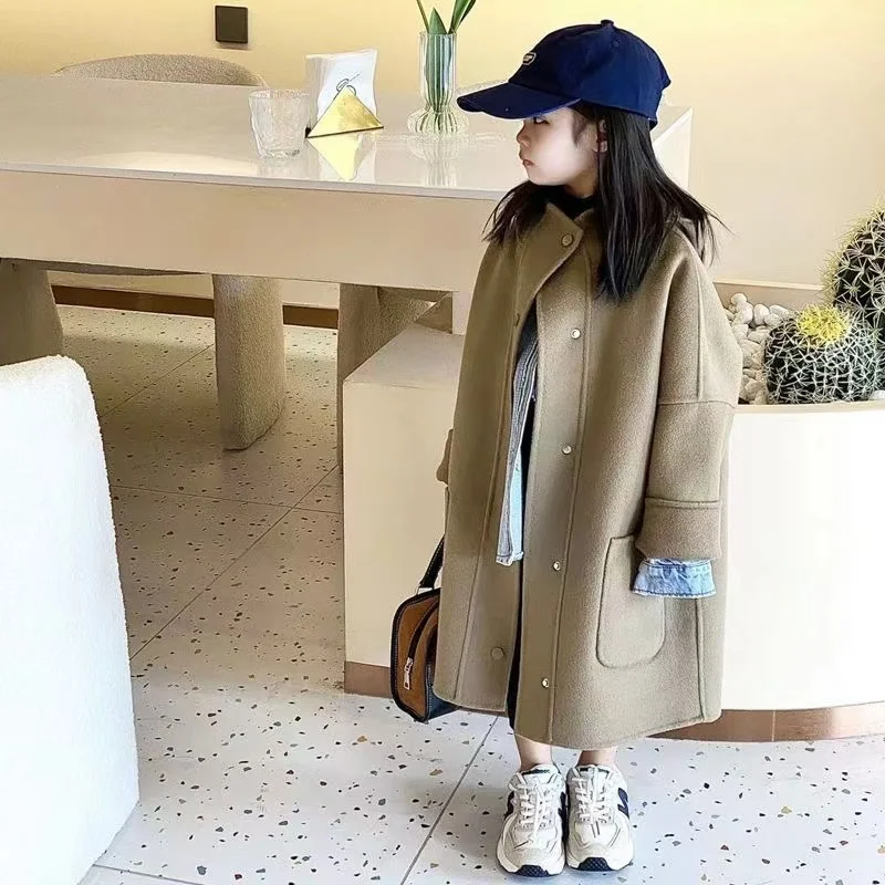 Kids Girls Woolen Coat Overcoat Jacket Windbreak Cotton Woolen Long Warm Plus Thicken Winter Sports Children's Clothing