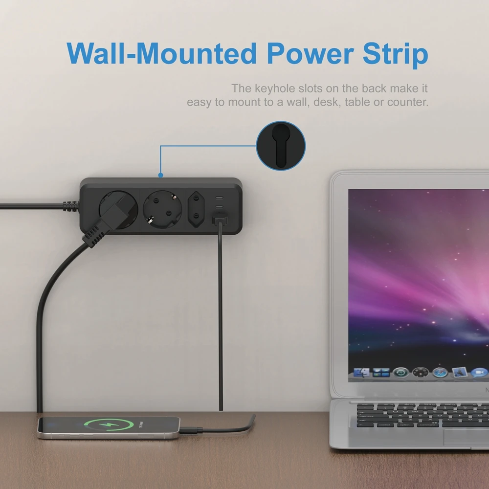 Power Strip 6 IN 1 2500W EU Plug 1.5M Extension Cord Socket Extender With 3AC Outlets 3USB 17W Fast Charging 7 Safety System