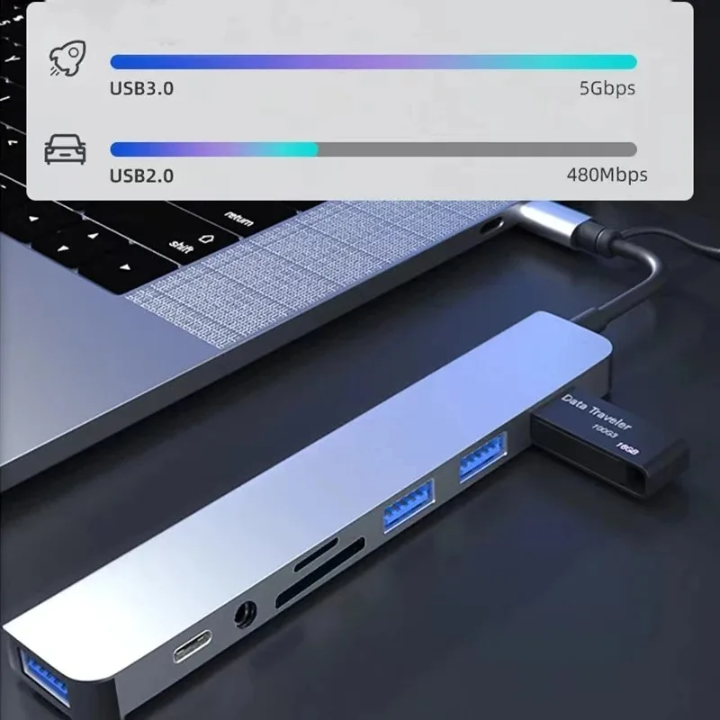 8 In 1 USB Type-C HUB Splitter Card Reader Docking Station For HUAWEI Xiaomi PC