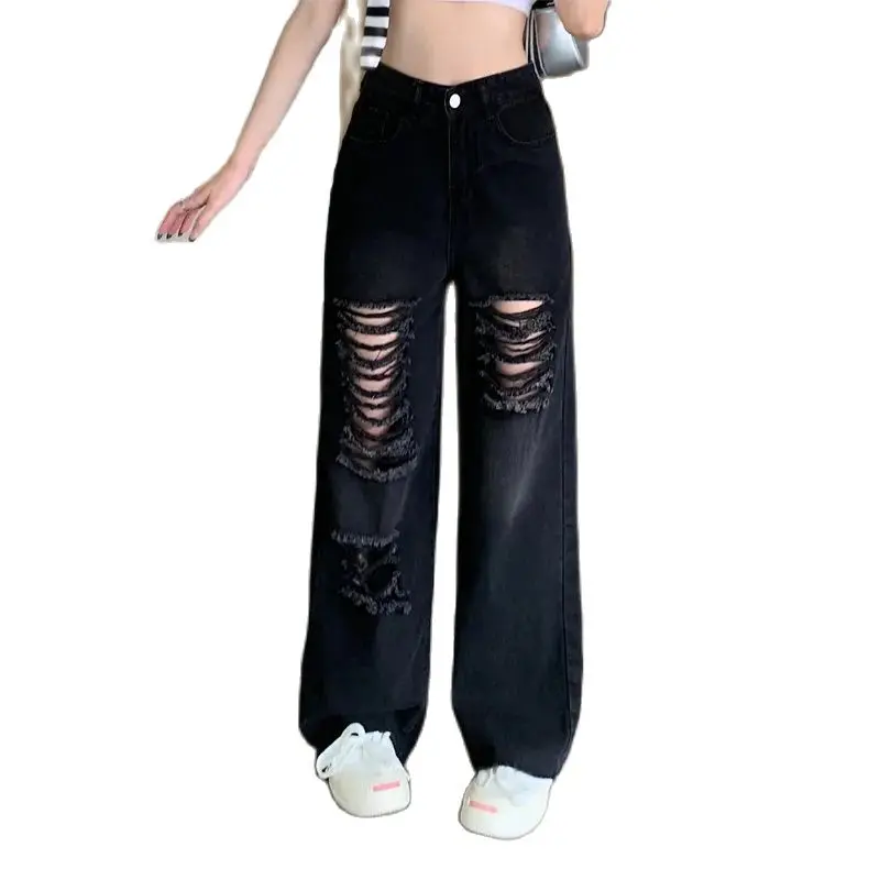 

Women's Black Perforated Wide Leg Vintage 90S Spicy Girl Y2K High Street Design Sense Straight Tube Floor Dragging Denim Pants