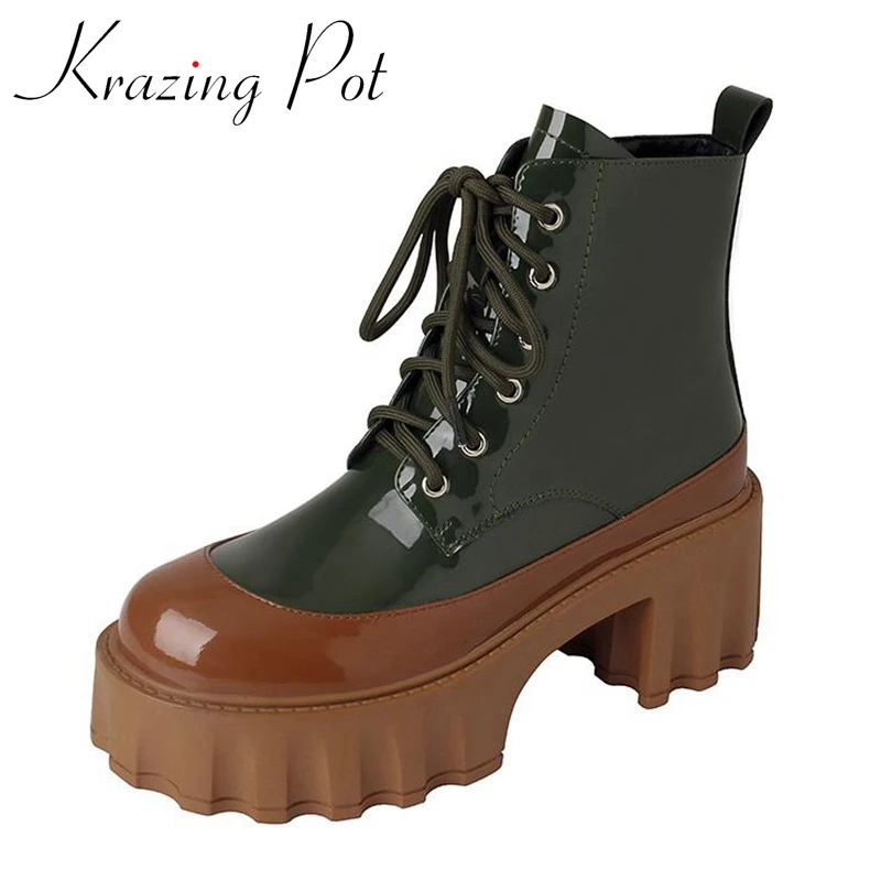 

Krazing Pot Full Grain Leather Round Toe Thick High Heel Motorcycles Boots Platform Cross-tied Mixed Colors Cool Zip Ankle Boots