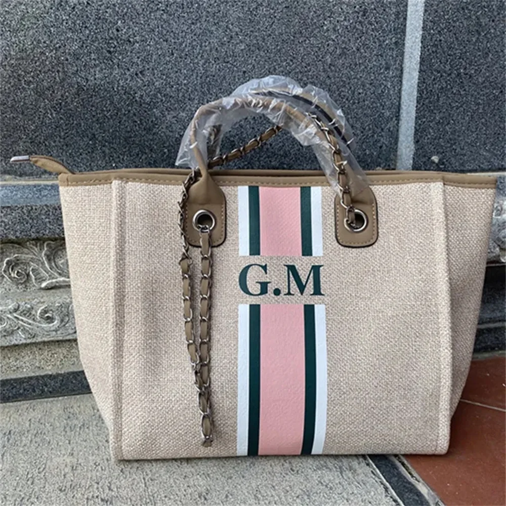 

Personalized Monogram Tote Bag Customised Chain Handbag White Stripe Initials Beach Holiday Canvas Tote Bag Bride Gifts