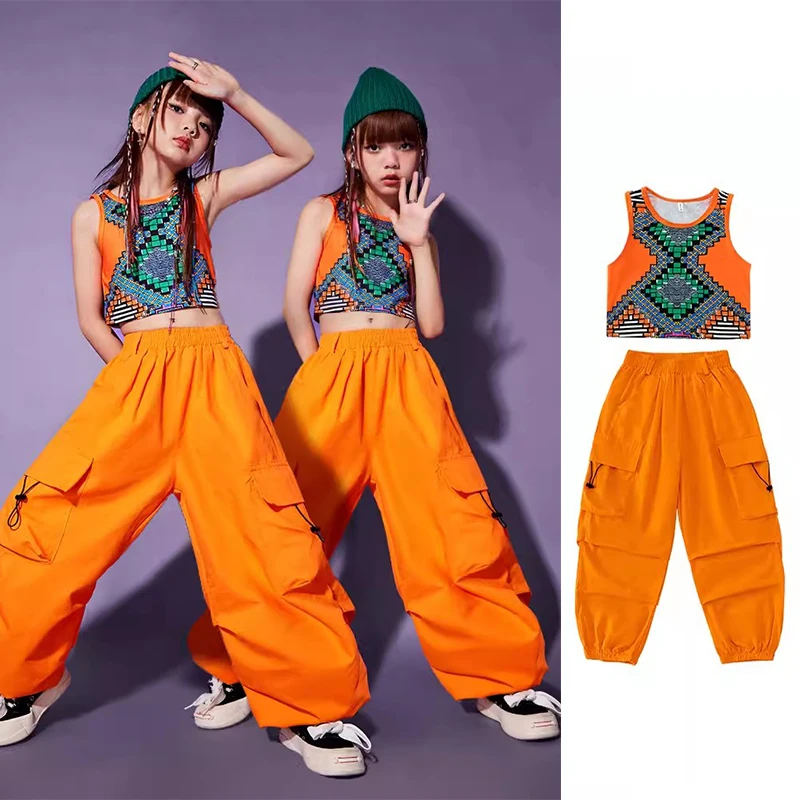 

Children Summer Jazz Dance Costume Girls Hip Hop Street Dance Outfit Crop Tops Orange Pants Catwalk Show Stage Clothes YS5061