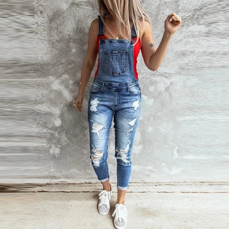 Women Full Length Overall Solid Loose Casual Jumpsuits 2021 Jean Hole Jumpsuit Fashion Lady Baggy Denim Jeans Bib Pants Playsuit