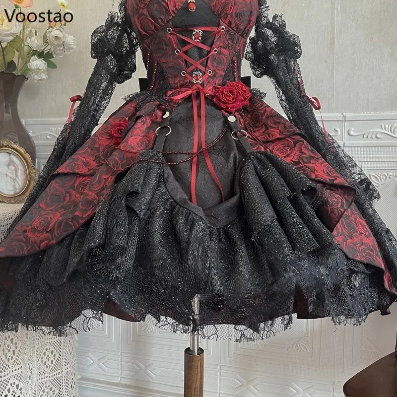 Victorian Elegant Lolita Dress Set Women Gothic Rose Flower Bandage Halloween Party Dress With Black Lace Sleeve Princess