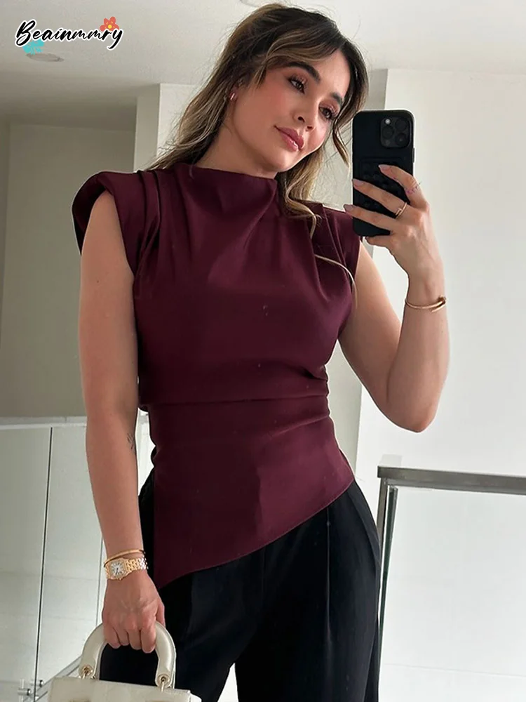 Fashion Sexy Pleated Shoulder Pad Top For Women Elegant O Neck Sleeveless Slim Vest 2025 New Lady High Street Commuting Knitwear
