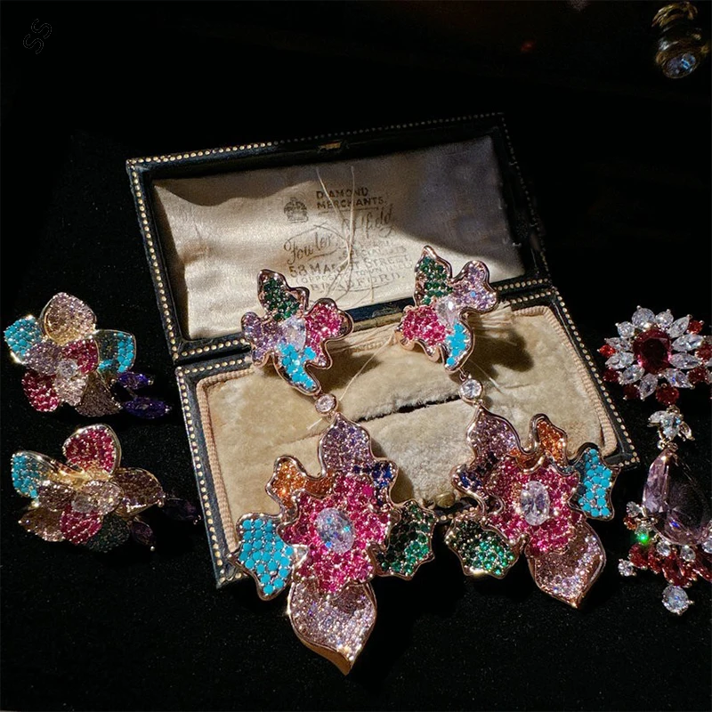 

Unique Designer Style Big Flower Element Colored Gemstone Zircon Earrings Fashion Floral Pendant Ear-pin Copper Plated 18K Gold