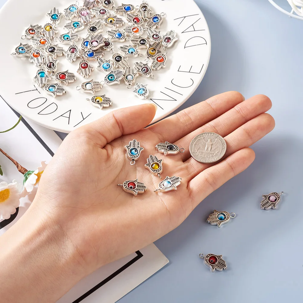 100pcs Antique Hamsa Charms Tibetan Style Miriam Hand Alloy Pendant Colorful Evil Eye Bead Charms for DIY Jewelry Craft Making